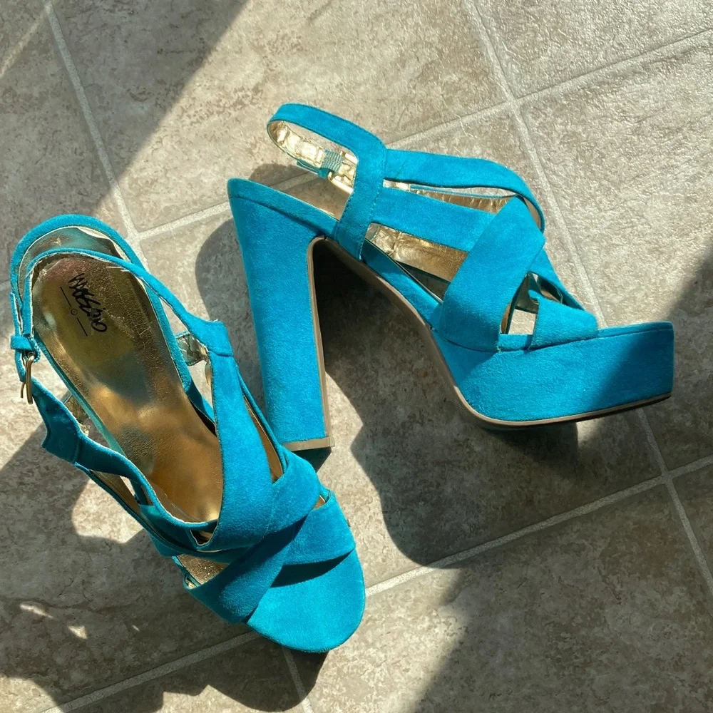 Mossino Turquoise Suede Platform Sandals Heels Size 8 - Picture 5 of 16